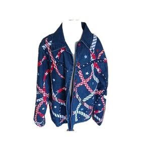 VTG Denim Jacket Womens Large Red White Blue Hand Embroidered July 4 Cottagecore